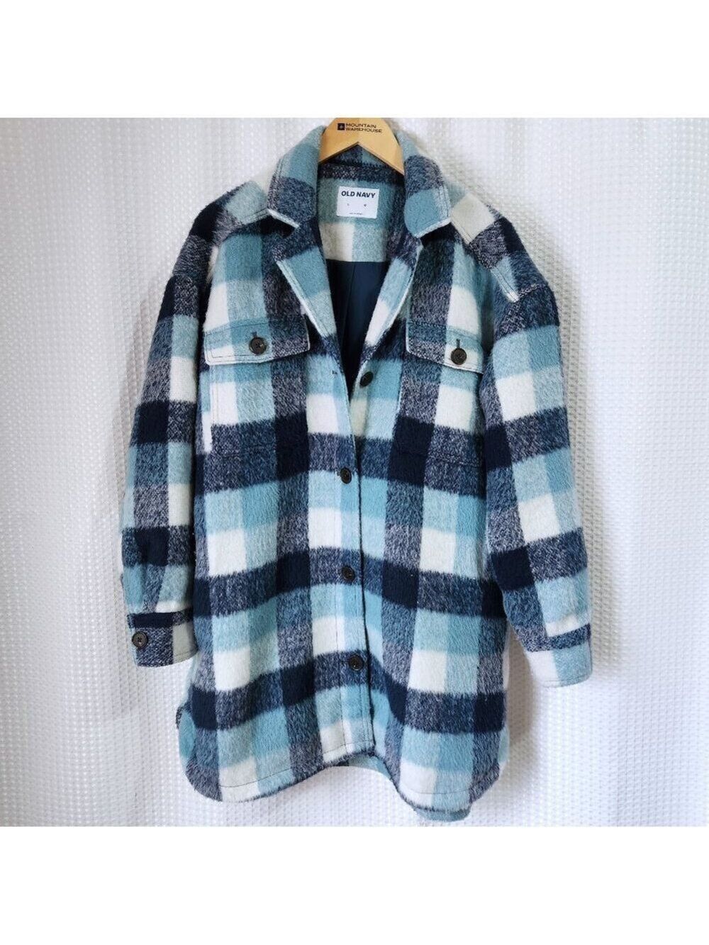 Old Navy Flannel Shacket Women Size Large Longer Lined Jacket Coat Pockets Blue